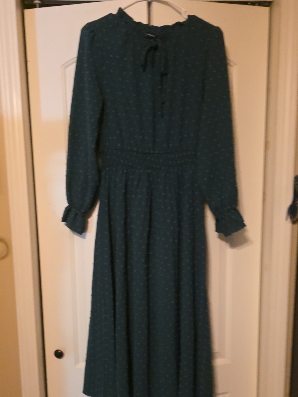 Green Long-Sleeve Midi Dress with Tie Neck